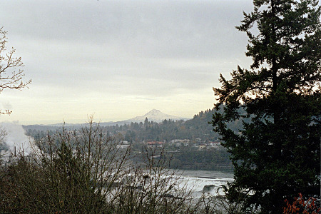 [On a hillside above a river looking at the homes on the other side. In the distance is a mountain which has a sharp rise to its peak and appears to have quite a bit of snow on it, but the haze makes it difficult to be sure.]